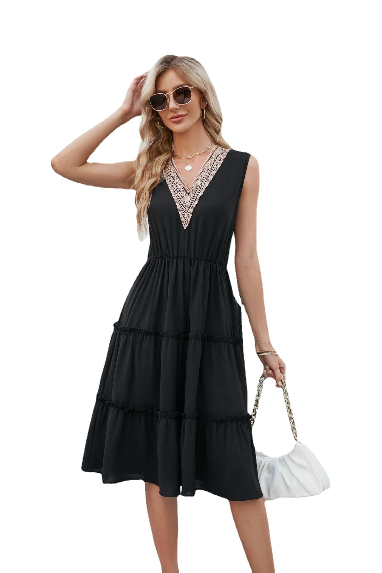 V-neck Sleeveless Pleated Ruffle Elegant Dress - Premium Jurken from My Store - Just €42.85! Shop now at KIYOO Royal Brand