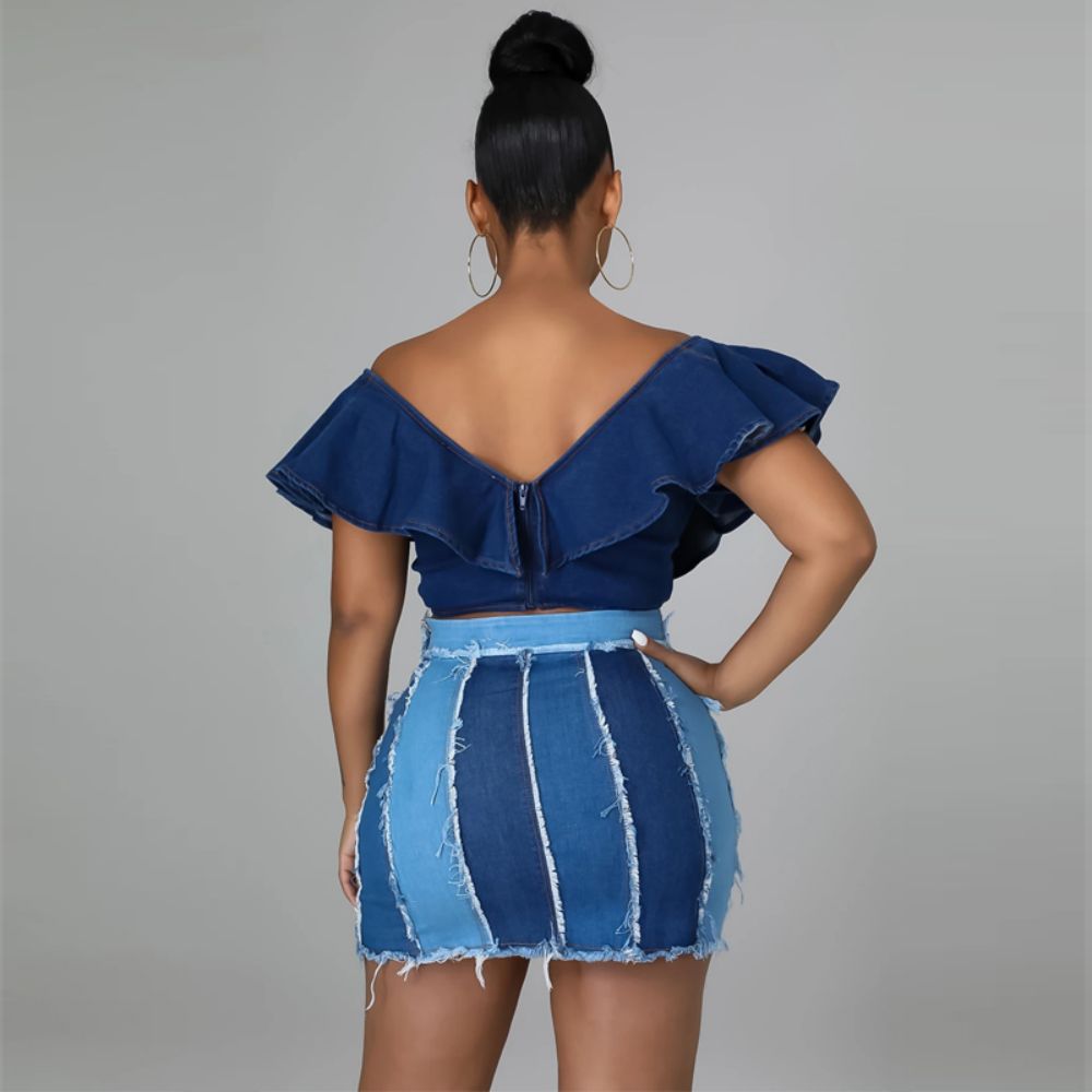 Design Sense Patchwork Washed Pleated Belt Denim Skirt - Premium Rokken from My Store - Just €32.46! Shop now at KIYOO Royal Brand