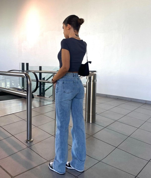 Light Blue Personality Design Bevel Button Jeans Straight Leg Pants - Premium Dames Jeans from My Store - Just €41.19! Shop now at KIYOO Royal Brand