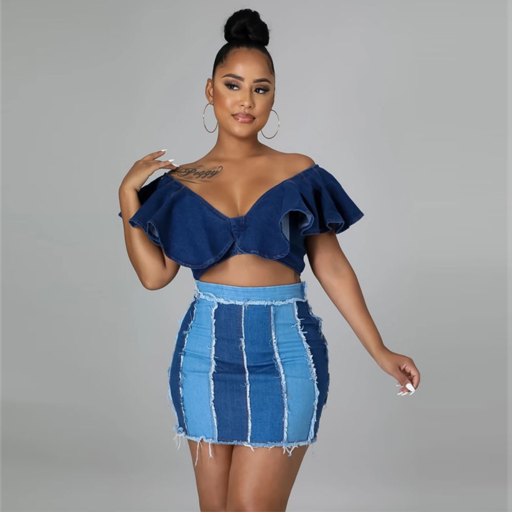 Design Sense Patchwork Washed Pleated Belt Denim Skirt - Premium Rokken from My Store - Just €32.46! Shop now at KIYOO Royal Brand