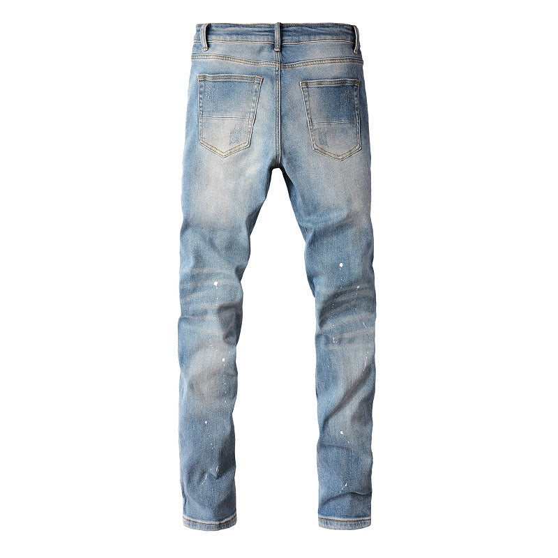 High Street Trendy Brand Worn Out Wash Paint Splashing Perforated Jeans - Premium Jeans from My Store - Just €108.32! Shop now at KIYOO Royal Brand