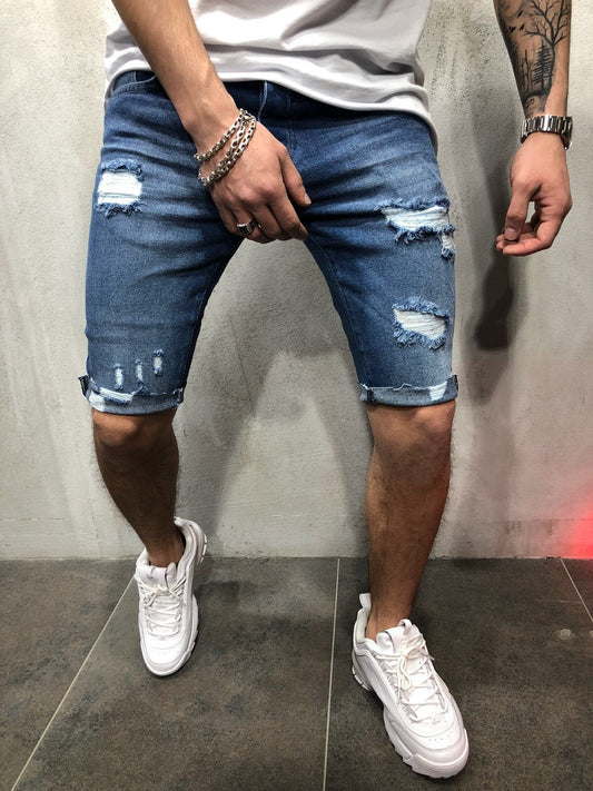 Denim shorts with slim holes and slim men's shorts - Premium korte broeken/shirts from My Store - Just €46.08! Shop now at KIYOO Royal Brand