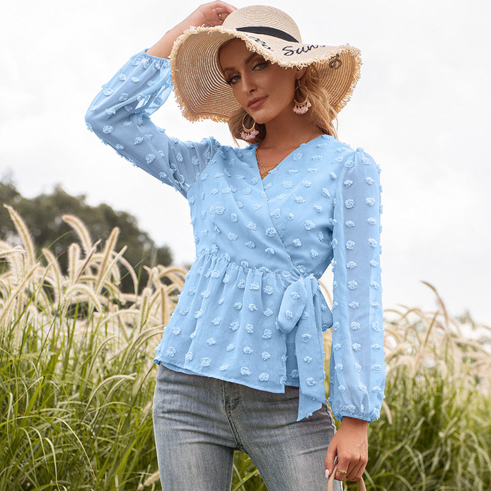 Jacquard Lace V-neck Long-sleeved Blouse Women - Premium Blouses from My Store - Just €60.89! Shop now at KIYOO Royal Brand