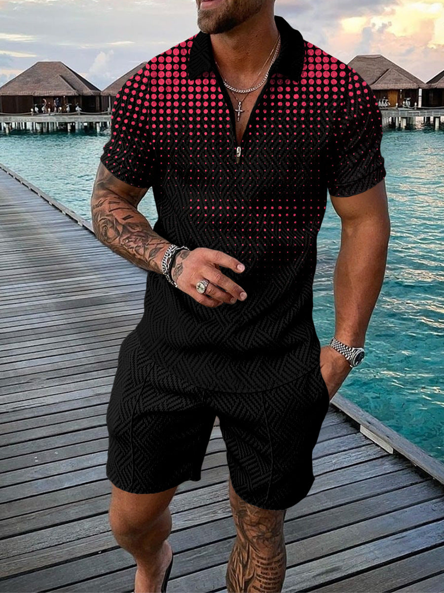 Contrast POLO Zip Lapel Shirt Short Sleeve Suit