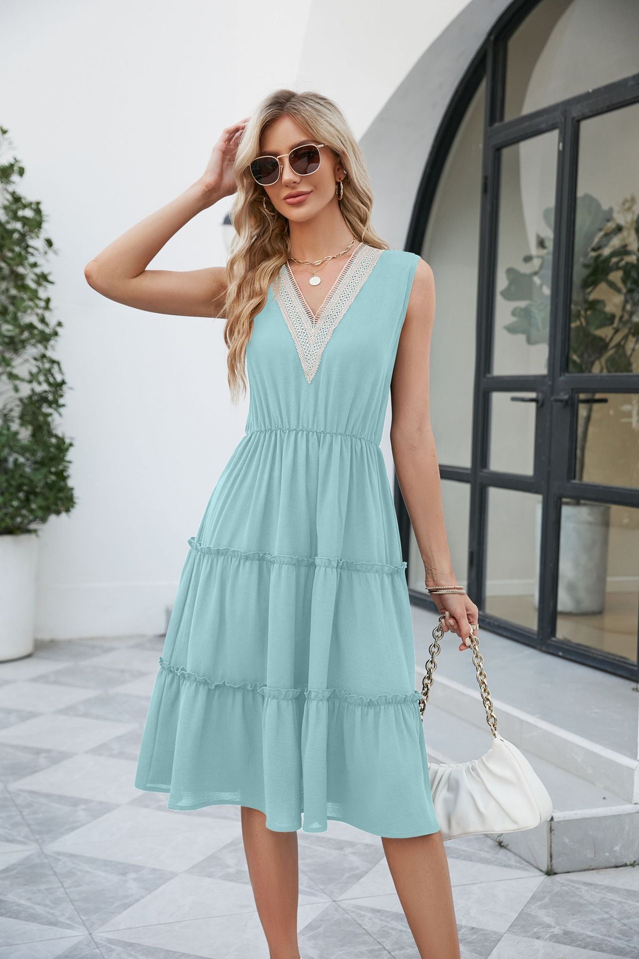 V-neck Sleeveless Pleated Ruffle Elegant Dress - Premium Jurken from My Store - Just €42.85! Shop now at KIYOO Royal Brand