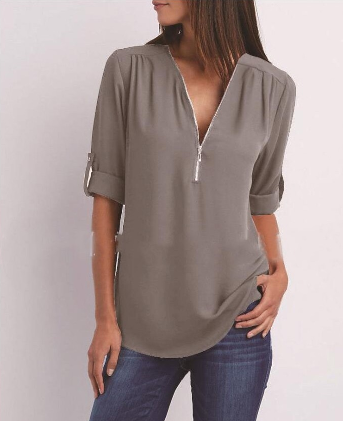 Zip V-Neck Short Sleeve Tops