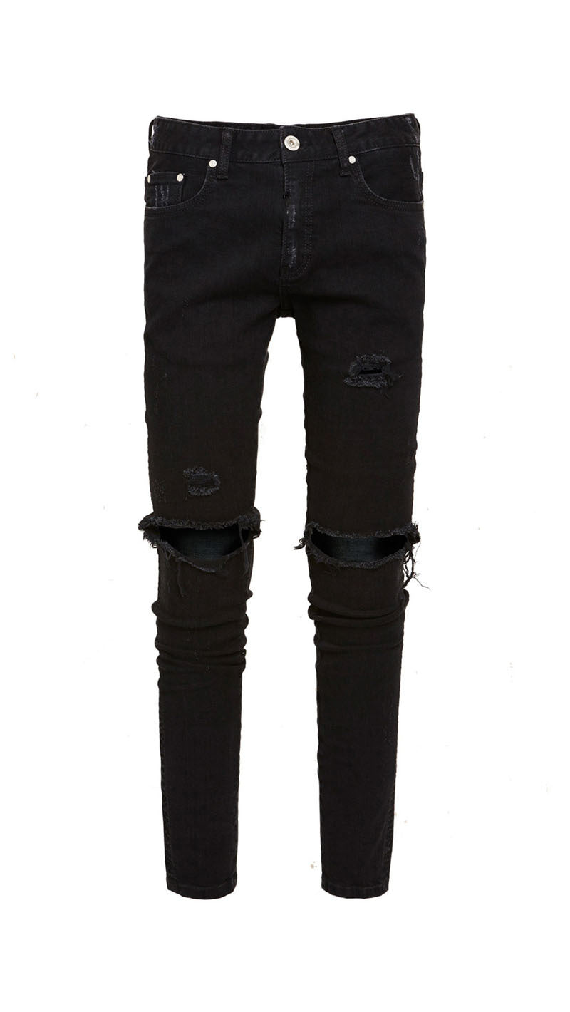 Pure Black Stretch Jeans With Holes For Men - Premium Jeans from My Store - Just €71.25! Shop now at KIYOO Royal Brand