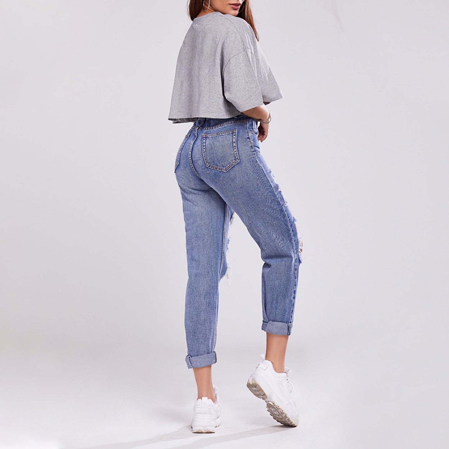 Ladies Trousers High-waisted Butt-lifting Holes Casual Straight-leg Denim Trousers - Premium Dames Jeans from My Store - Just €43.04! Shop now at KIYOO Royal Brand