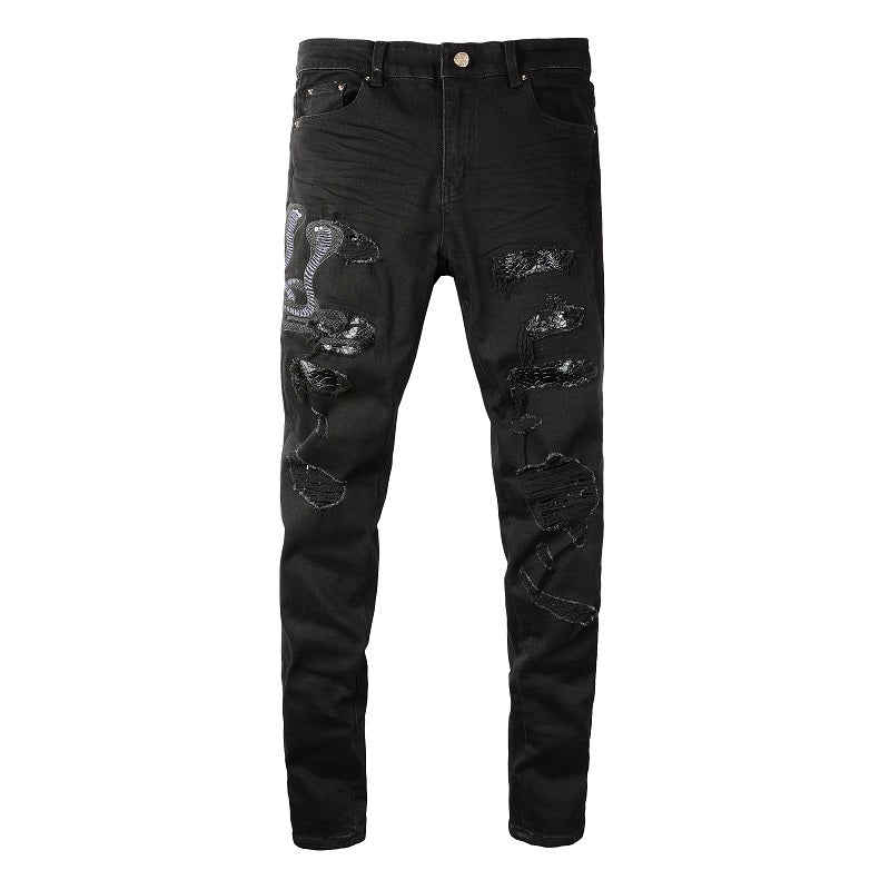 Broken Three Headed Snake Embroidery Patchwork Jeans For Men - Premium Jeans from My Store - Just €93.93! Shop now at KIYOO Royal Brand