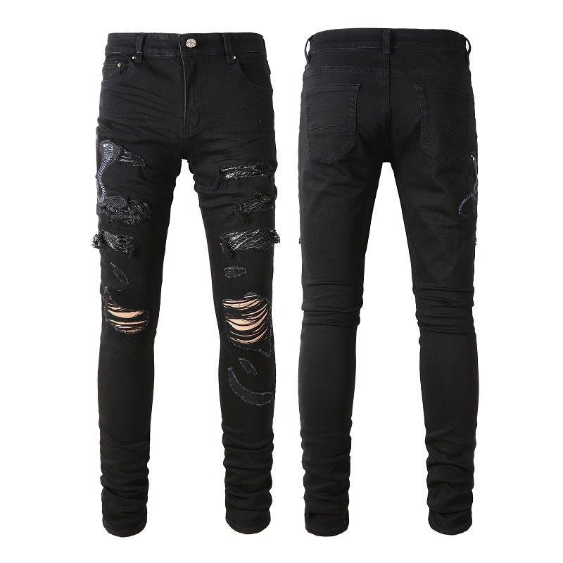 Broken Three Headed Snake Embroidery Patchwork Jeans For Men - Premium Jeans from My Store - Just €93.93! Shop now at KIYOO Royal Brand