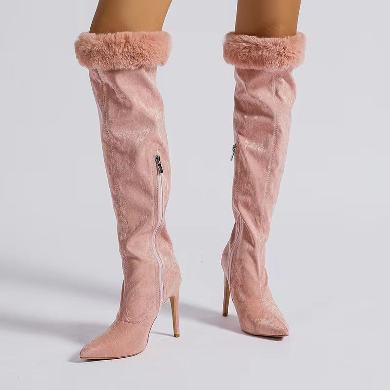 Fine Heel High Boots Large Tube Girth Pointed Tip Sleeve Lace Boots - Premium Dames laarzen from My Store - Just €88.46! Shop now at KIYOO Royal Brand