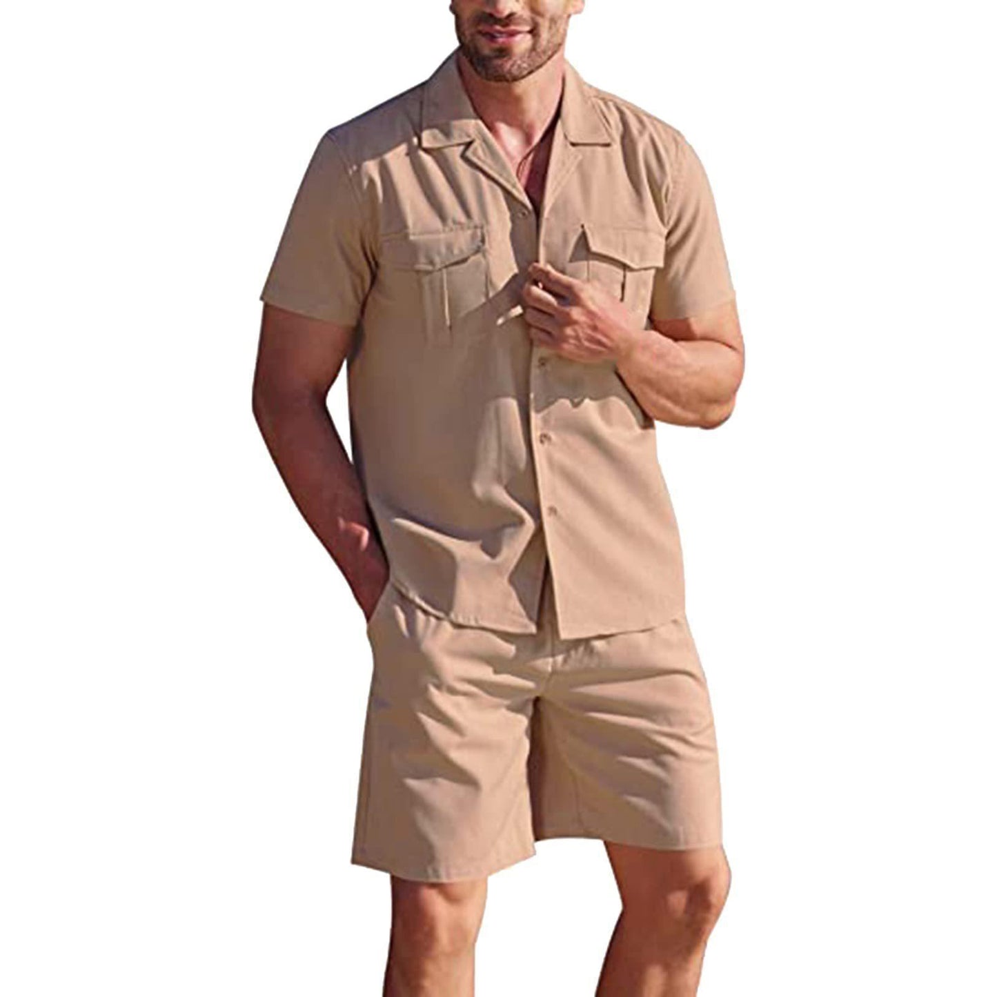 Lapel Collar Short Sleeve Shirt Set With Pockets - Premium korte broeken/shirts from My Store - Just €45.85! Shop now at KIYOO Royal Brand