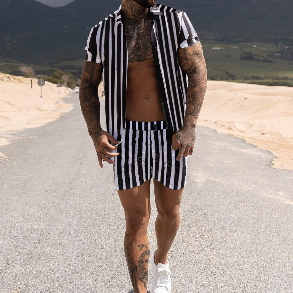 Men's Fashion Casual Beach Vertical Striped Shirt And Shorts Suit - Premium korte broeken/shirts from My Store - Just €39.95! Shop now at KIYOO Royal Brand