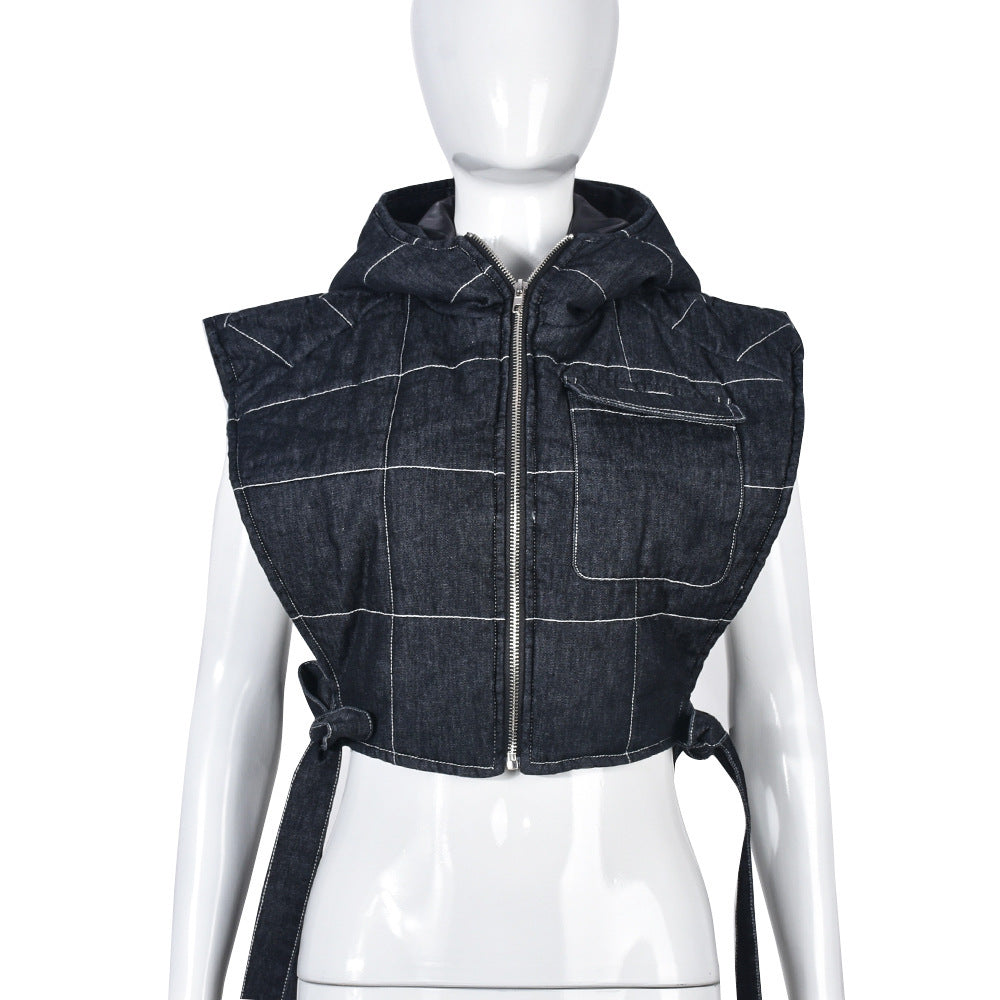 Women's New Denim Filled Cotton Hollowed Out Binding Hooded Trend Vest - Premium Dames Jassen from My Store - Just €61.70! Shop now at KIYOO Royal Brand