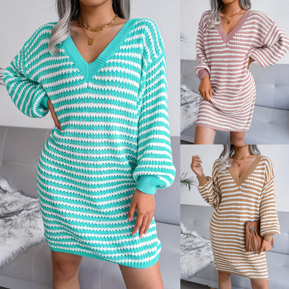 Ins Striped Sweater Dress V-neck - Premium Jurken from My Store - Just €51.51! Shop now at KIYOO Royal Brand