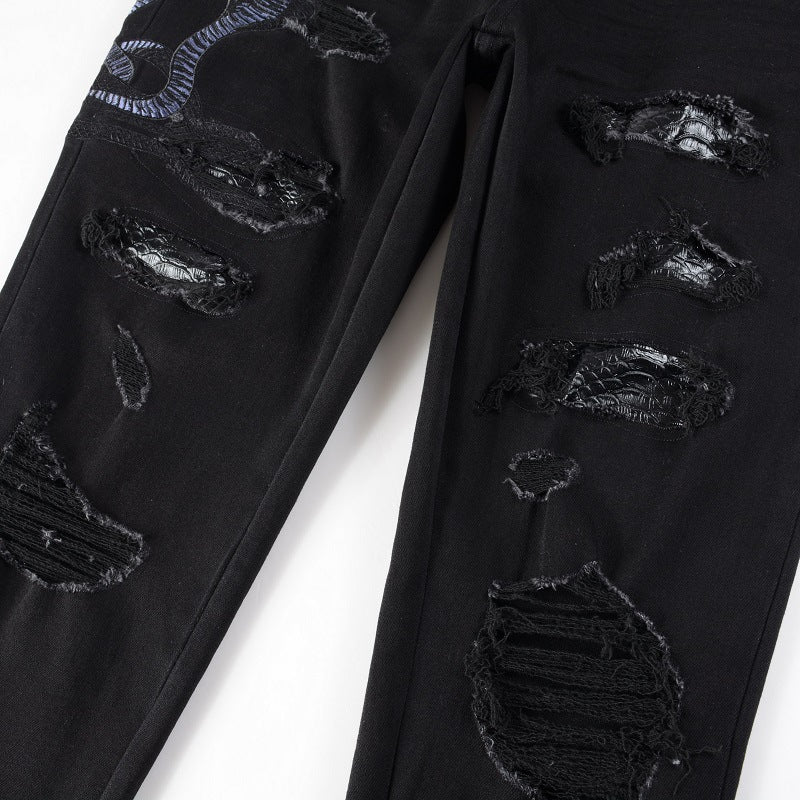 Broken Jeans With Elastic Embroidery Snake - Premium Jeans from My Store - Just €67.93! Shop now at KIYOO Royal Brand