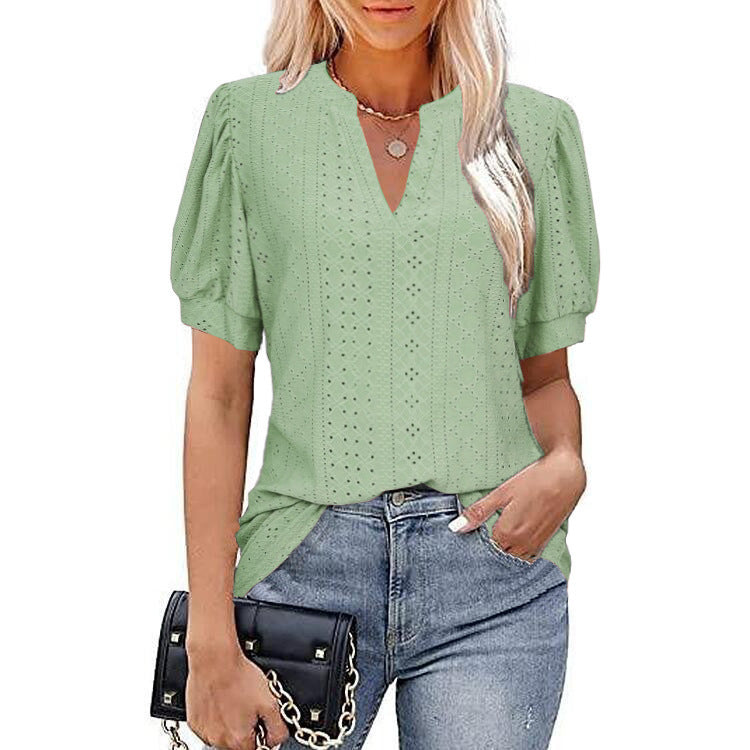 T-shirt met V-hals, effen kleur, losse bolle mouwen - Premium topjes/shirt from My Store - Just €33.15! Shop now at KIYOO Royal Brand