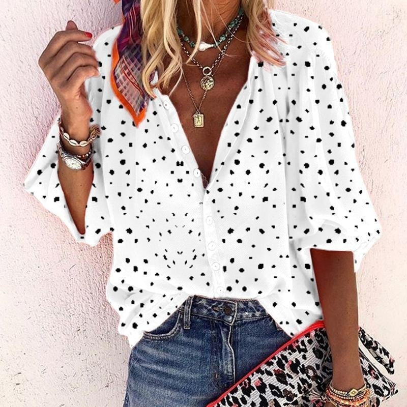 Printed Long Sleeve V-neck Button Ladies Blouse Women - Premium Hoeden & Petten from My Store - Just €41.71! Shop now at KIYOO Royal Brand