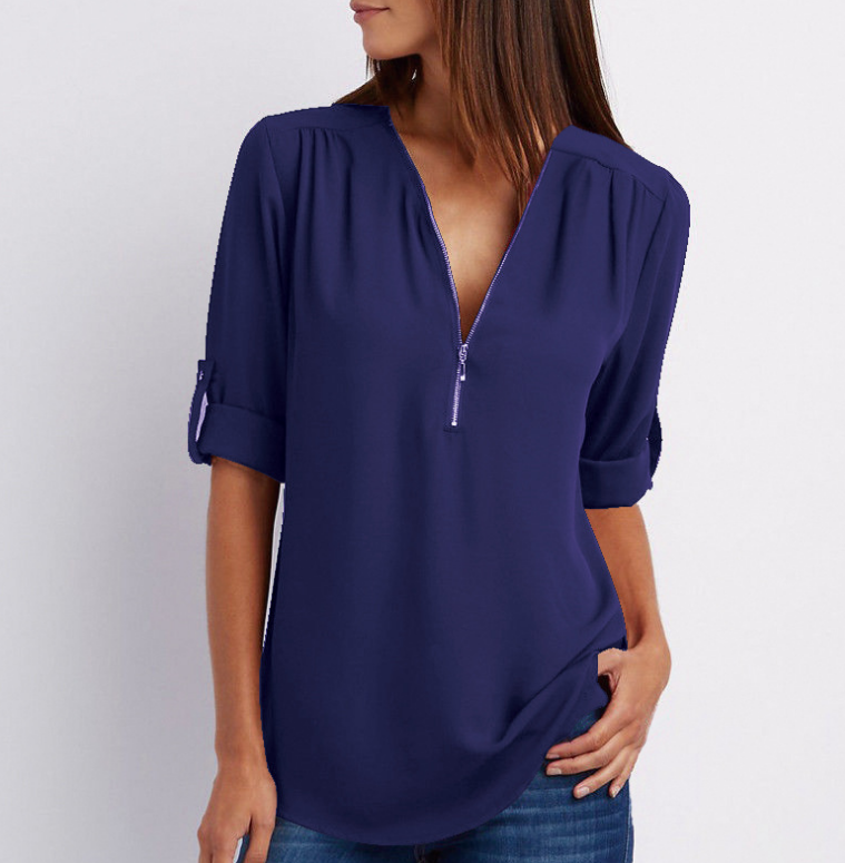 Zip V-Neck Short Sleeve Tops