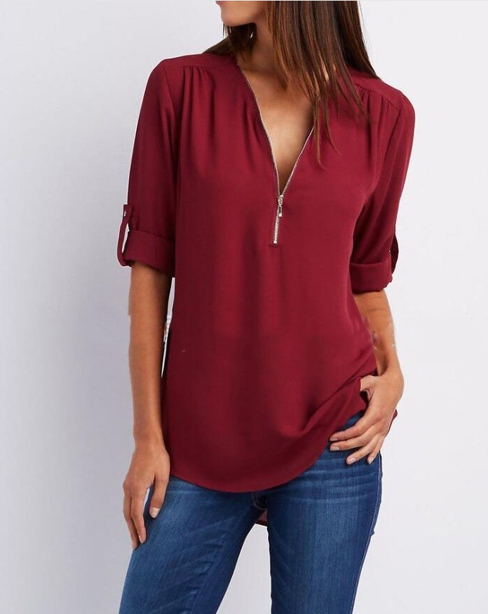 Zip V-Neck Short Sleeve Tops