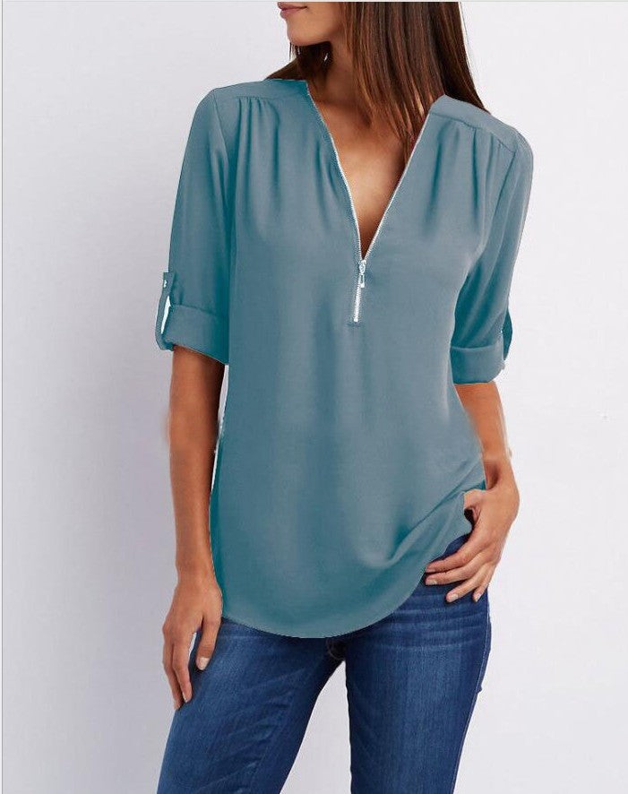 Zip V-Neck Short Sleeve Tops