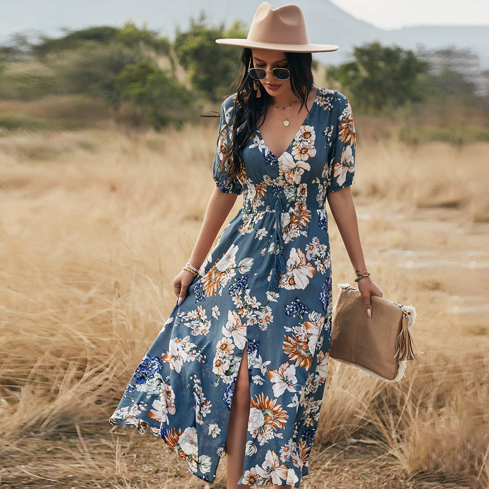 Floral Dress With V Neck Elastic - Premium Jurken from My Store - Just €49.38! Shop now at KIYOO Royal Brand