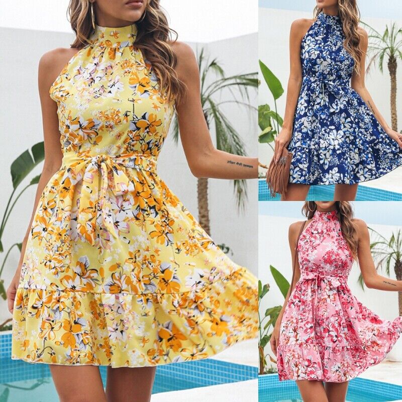 Halter Dresses Women Floral Print Sleeveless Swing Chiffon Holiday Dress - Premium Jurken from My Store - Just €38.12! Shop now at KIYOO Royal Brand