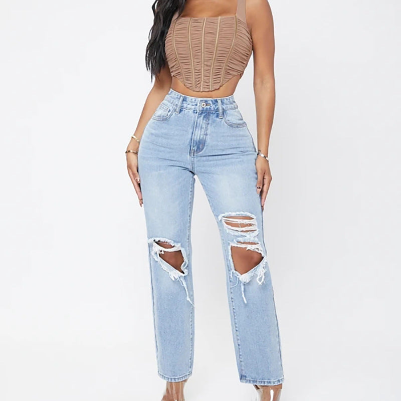 Women's Fashionable High Waist Washed Jeans - Premium Dames Jeans from My Store - Just €38.35! Shop now at KIYOO Royal Brand