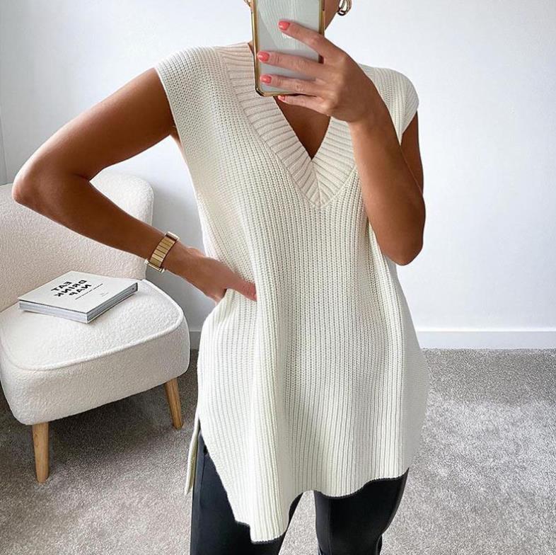 Women's Oversized V Neck Knit Sweater Vest Tunic Sleeveless Pullover Top - Premium Truien & Vesten from My Store - Just €32.45! Shop now at KIYOO Royal Brand