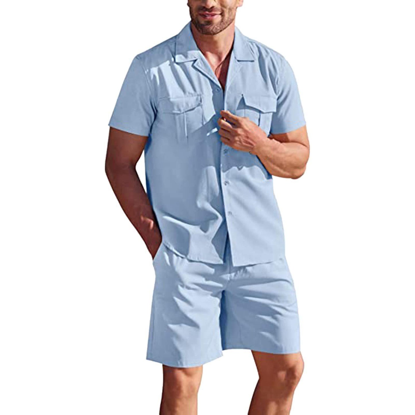 Lapel Collar Short Sleeve Shirt Set With Pockets - Premium korte broeken/shirts from My Store - Just €45.85! Shop now at KIYOO Royal Brand