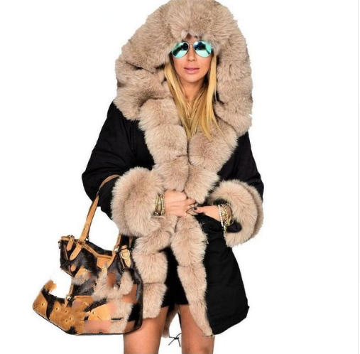 Large fur collar warm coat long hooded coat cotton coat