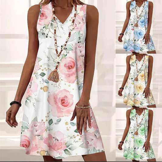 Flowers Printed Dress V-neck - Premium Jurken from My Store - Just €28.87! Shop now at KIYOO Royal Brand