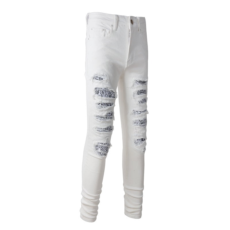 White Cashew Flower Patch Torn Jeans - Premium Jeans from My Store - Just €104.84! Shop now at KIYOO Royal Brand