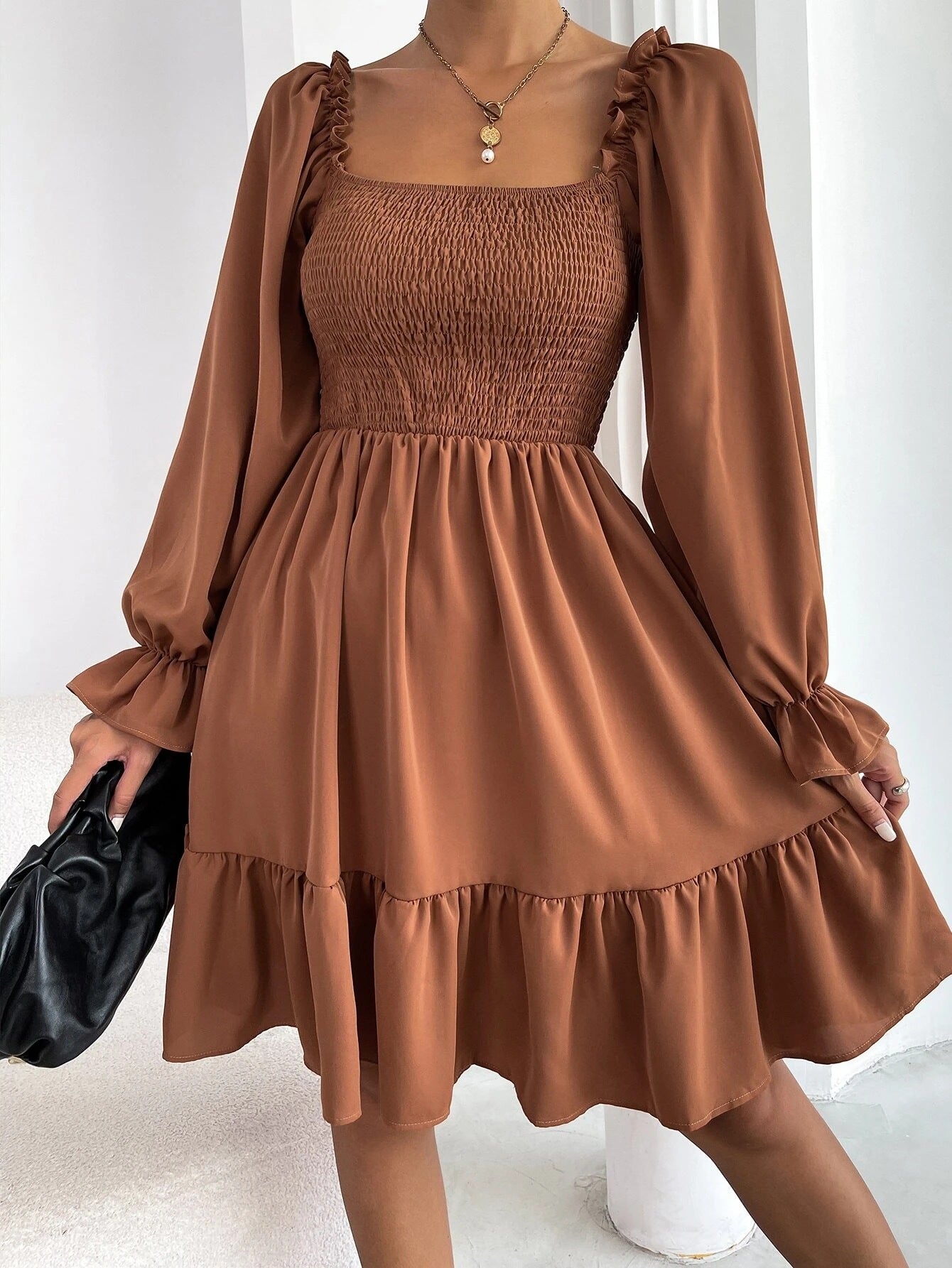 Flared Long Sleeve Dresses Women Square Neck Ruffled Swing Dress - Premium Jurken from My Store - Just €37.95! Shop now at KIYOO Royal Brand