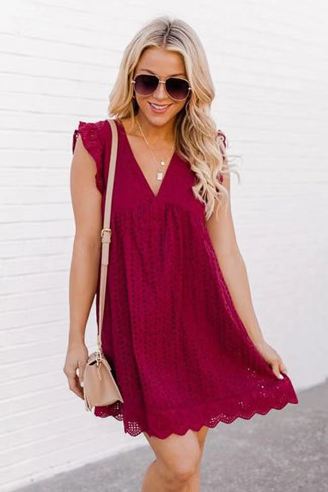 Lace Dress With Pocket Jacquard Cutout V-Neck