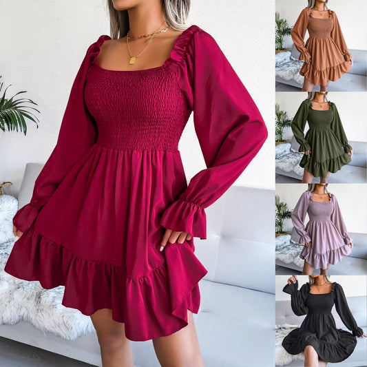 Flared Long Sleeve Dresses Women Square Neck Ruffled Swing Dress - Premium Jurken from My Store - Just €37.95! Shop now at KIYOO Royal Brand