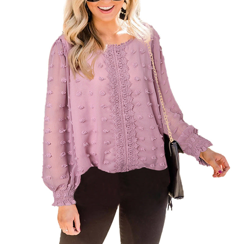 Chiffon Jacquard Lantern Long-sleeved Round Neck Blouse Women - Premium Blouses from My Store - Just €55.92! Shop now at KIYOO Royal Brand