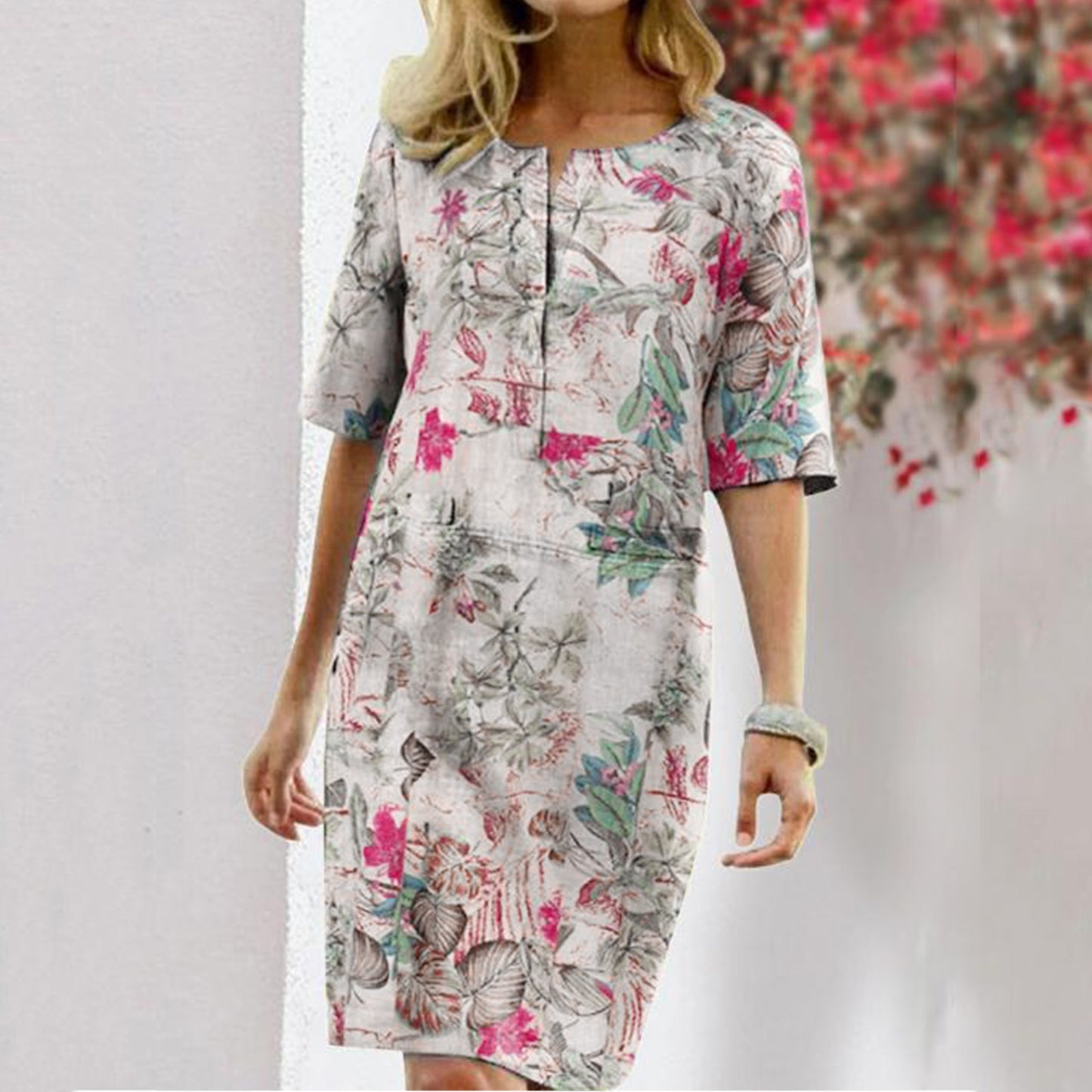 Floral Leaf Print Slit Round Neck Half Sleeve Dress - Premium Jurken from My Store - Just €29.55! Shop now at KIYOO Royal Brand