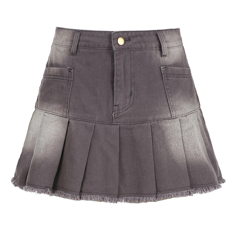 Women's Old Washed High Waist Denim Pleated Skirt - Premium Rokken from My Store - Just €46.18! Shop now at KIYOO Royal Brand