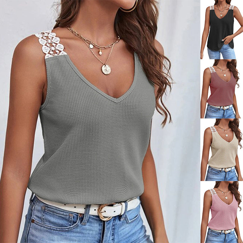 V-hals vest met wafelpatroon Mouwloze kanten tanktops - Premium topjes/shirt from My Store - Just €20.38! Shop now at KIYOO Royal Brand