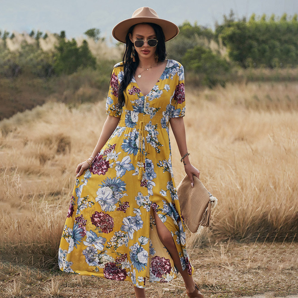 Floral Dress With V Neck Elastic - Premium Jurken from My Store - Just €49.38! Shop now at KIYOO Royal Brand