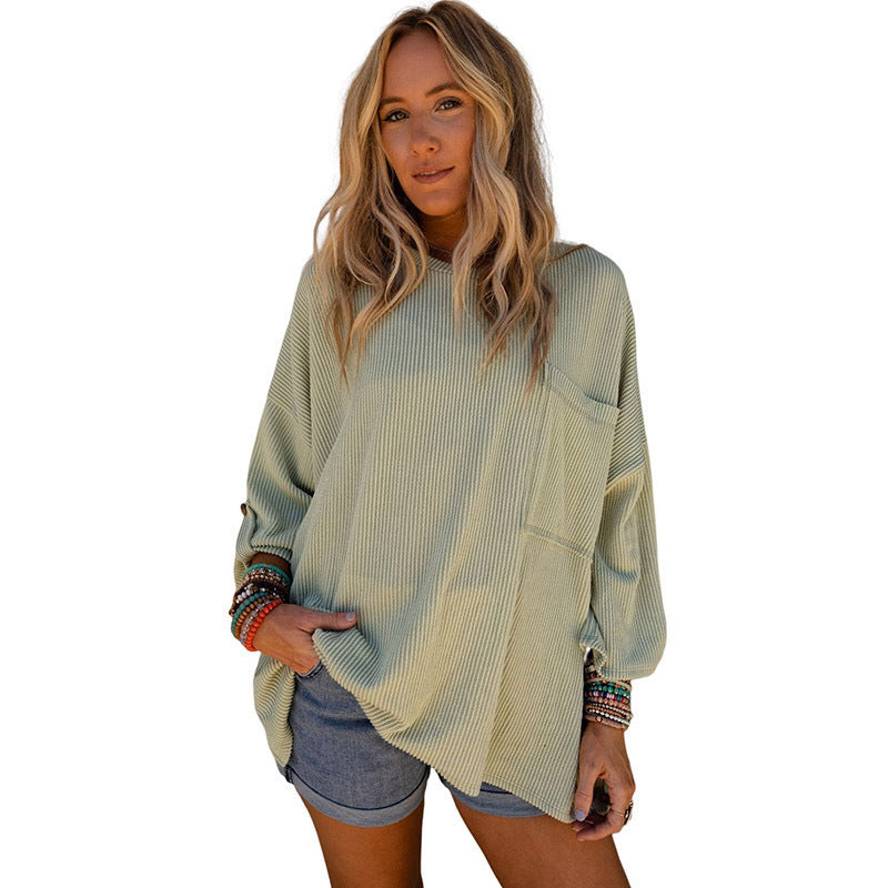 Solid Color Sweater Loose Casual Pocket Curling Threaded Long Sleeve Top - Premium Truien & Vesten from My Store - Just €41.42! Shop now at KIYOO Royal Brand