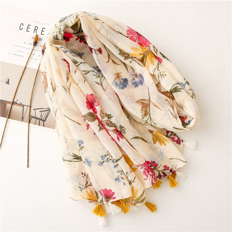 Retro Style Rice Coffee Flower With Sequin Scarf Travel Sunscreen Long Style - Premium Sjaals & omslagdoeken from My Store - Just €23.54! Shop now at KIYOO Royal Brand