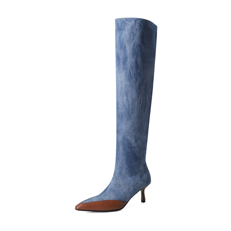 High Heel Shoes Pointed Toe Pleated Boots Big Tube Denim Blue - Premium Dames laarzen from My Store - Just €148.38! Shop now at KIYOO Royal Brand