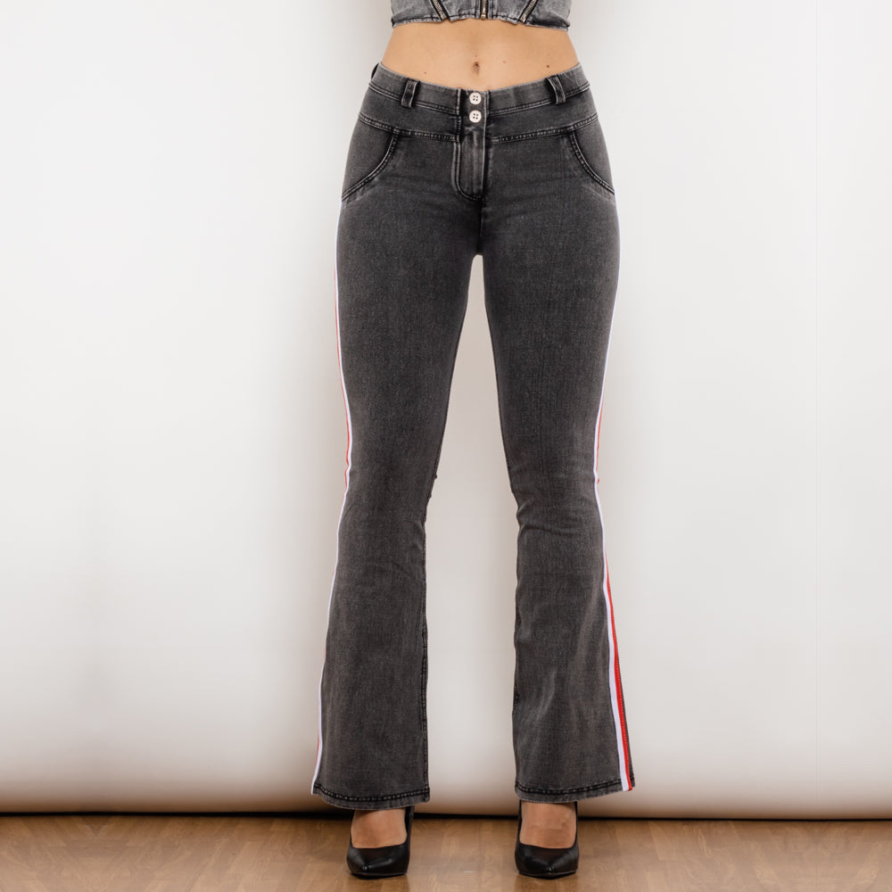 Shascullfites Melody Side Striped Middle Waist Grey Jeans Butt Lift Leggings Woman Sexy Push Up Jeans Denim Flare Pants - Premium Dames Jeans from My Store - Just €69.07! Shop now at KIYOO Royal Brand