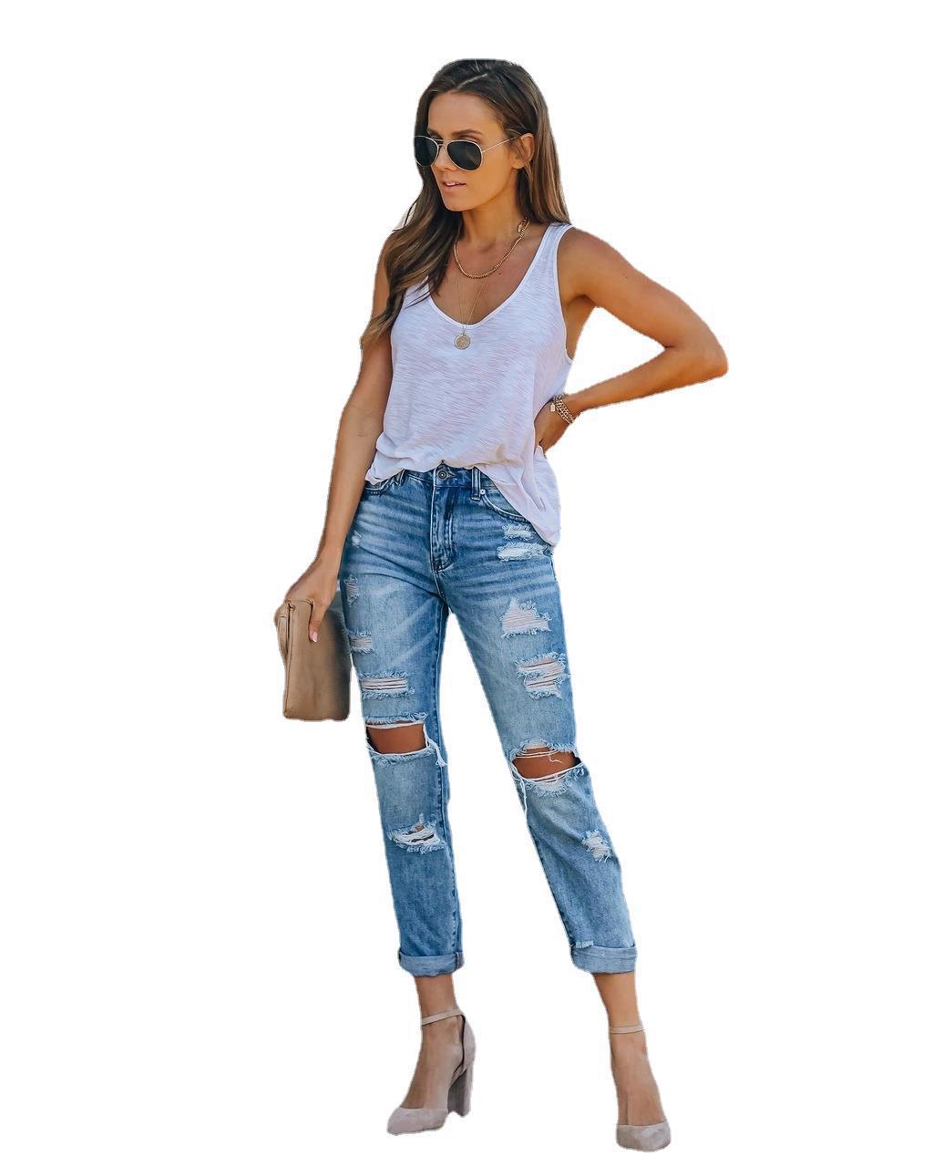 Women's Fashion Water Hole Straight Jeans Pants - Premium Dames Jeans from My Store - Just €35.17! Shop now at KIYOO Royal Brand