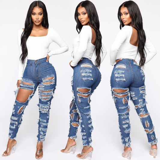 Women's Fashion Cut And Tear Stretchy Calf Jeans - Premium Dames Jeans from My Store - Just €38.05! Shop now at KIYOO Royal Brand