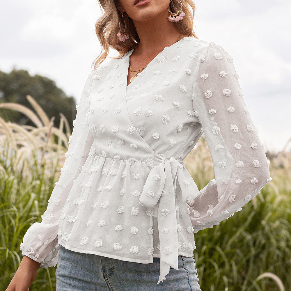 Jacquard Lace V-neck Long-sleeved Blouse Women - Premium Blouses from My Store - Just €60.89! Shop now at KIYOO Royal Brand