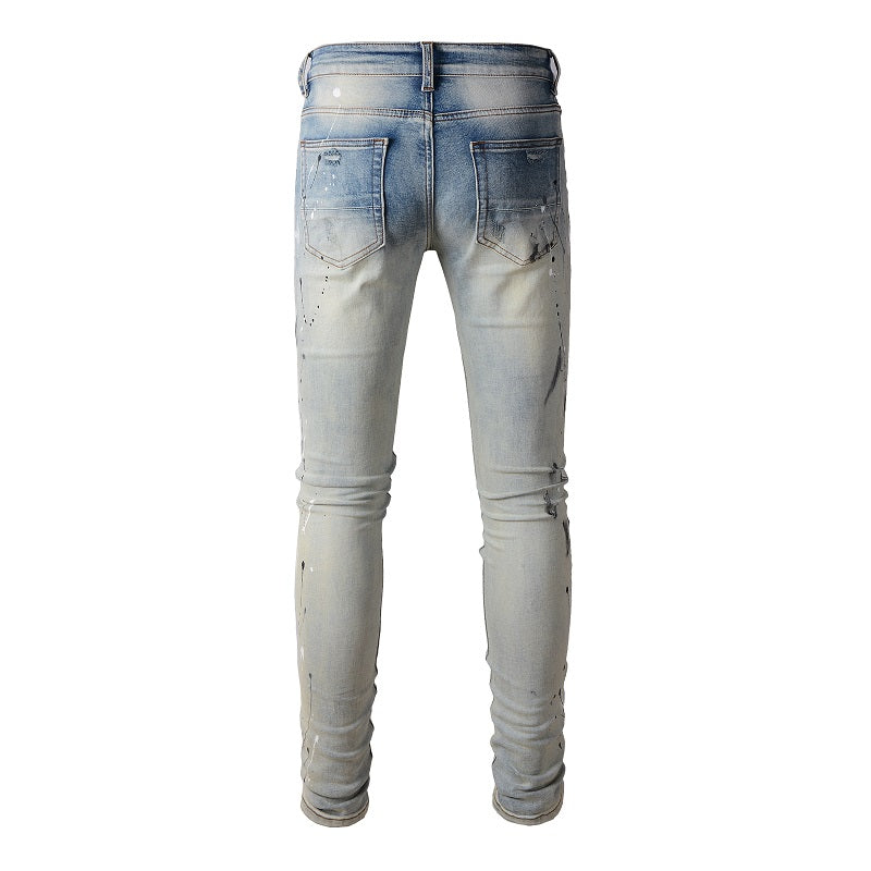 Light Colored Paint Splashing Ink Making Old Washed Jeans For Men - Premium Jeans from My Store - Just €106.88! Shop now at KIYOO Royal Brand