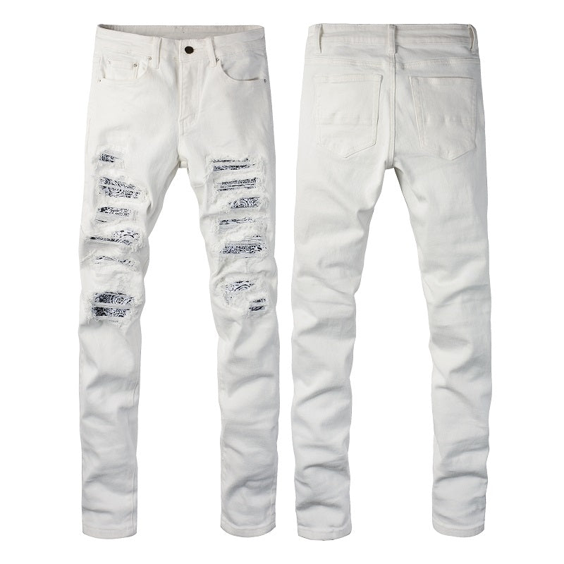 White Cashew Flower Patch Torn Jeans - Premium Jeans from My Store - Just €104.84! Shop now at KIYOO Royal Brand